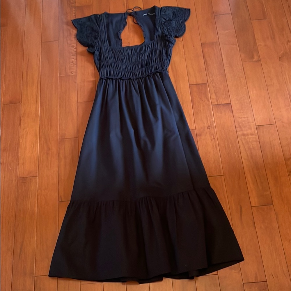 Zara Black Smocked Midi Dress with Eyelet Flutter Sleeves - Picture 2 of 4